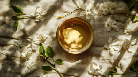 This serene image features a glass bowl of aromatic essence surrounded by delicate white flowers. Perfect for wellness and beauty themes.の素材