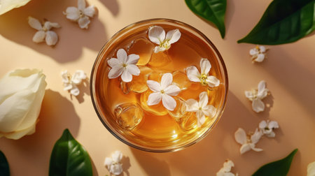 A vibrant floral drink garnished with ice and blossoms, beautifully presented on a soft backdrop. Ideal for summer gatherings, celebrations, and natural aesthetics.の素材