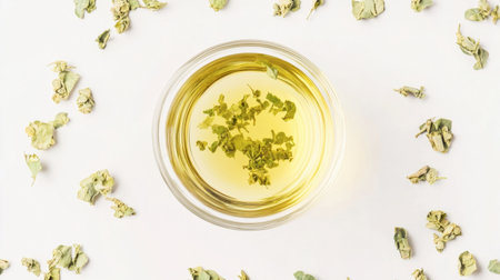 A vibrant green herbal infusion in a clear glass bowl, surrounded by dried herbs, showcases the essence of nature's flavors. Ideal for wellness and relaxation.の素材