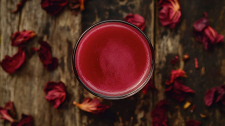 This striking beetroot beverage displays a rich ruby color, surrounded by delicate dried rose petals on a rustic wooden table. Perfect for wellness themes.の素材