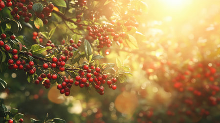 Bright red berries hang from lush green branches, illuminated by soft sunlight. This serene scene captures the essence of nature's beauty, inviting warmth and tranquility.の素材