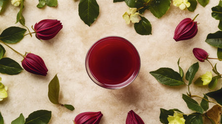 A vibrant hibiscus drink sits elegantly amidst colorful floral accents, showcasing the beauty of nature's ingredients. Perfect for refreshing moments.の素材