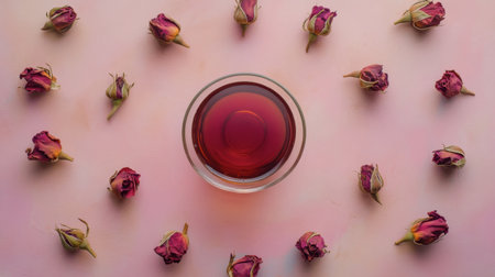 A serene arrangement featuring a glass bowl filled with red liquid at the center, surrounded by dried rose buds on a soft pink background, creating an inviting and artistic atmosphere.の素材