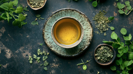 A captivating overhead view of herbal tea in a unique bowl, surrounded by fresh ingredients and herbs. Perfect for showcasing healthy beverage choices.の素材