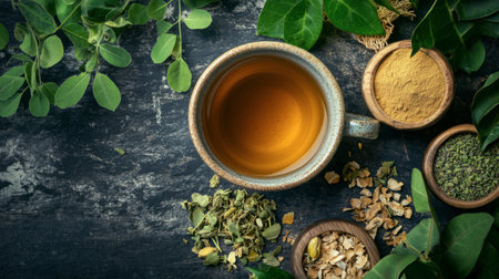 A serene display featuring a cup of herbal tea surrounded by fresh green leaves and various herbs. Perfect for wellness and natural lifestyle concepts.の素材