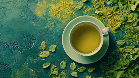 A serene capture of a cup of fresh green tea surrounded by matcha powder and green leaves on a textured teal surface, symbolizing wellness and relaxation.の素材