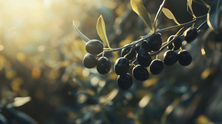 Close-up view of ripe black olives hanging from a branch in a serene olive grove. Soft sunlight filters through the leaves, highlighting the fresh fruit.の素材