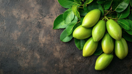 A beautiful arrangement of fresh green fruits resting on a textured dark background, surrounded by lush leaves, perfect for food or nature-themed projects.の素材