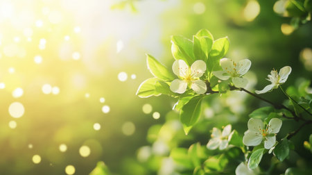 Sunlight filters through lush green foliage and blossoms, creating a serene atmosphere. Perfect for nature-themed projects and beauty-related content.の素材