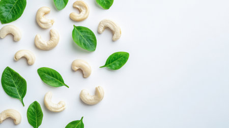 A vibrant arrangement featuring cashew nuts and fresh green leaves on a clean white background, symbolizing health, nutrition, and culinary excellence.の素材
