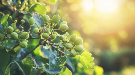 A serene close-up view of fresh green buds on a branch, illuminated by warm sunlight, showcasing the beauty and vitality of nature in a lush environment.の素材