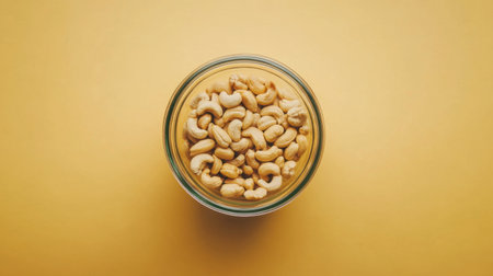 A top view of a glass jar filled with raw cashew nuts against a bright yellow background. This image captures the essence of healthy snacking and natural ingredients.の素材