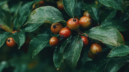 A stunning close-up of fresh organic berries surrounded by green leaves, adorned with raindrops, showcasing the beauty of nature and vitality.の素材