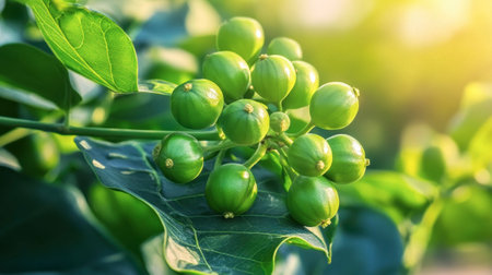 Close-up of fresh green fruits growing on a branch surrounded by lush leaves, illuminated by warm sunlight, showcasing nature's vibrant beauty and healthy growth.の素材