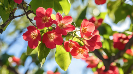 A stunning close-up of vibrant pink flowers nestled among lush green leaves against a clear blue sky, showcasing the beauty of nature in full bloom.の素材