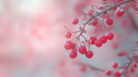 A stunning close-up of vibrant red berries on a branch, surrounded by soft blurred hues that create a tranquil and artistic nature scene. Perfect for seasonal themes.の素材