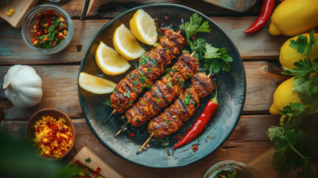 Delight in this vibrant plate of grilled skewers, garnished with fresh herbs and lemon, perfect for summer meals or outdoor dining events. Enjoy!の素材