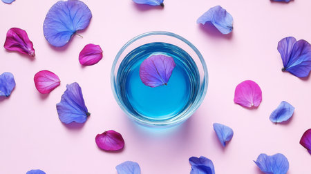 A captivating view of blue water surrounded by vibrant petals on a soft pink surface. Perfect for themes of serenity, beauty, and relaxation.の素材