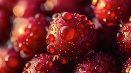 This stunning close-up image showcases fresh red berries adorned with glistening water droplets. The vibrant colors and textures highlight their juiciness, making it perfect for food-related projects.の素材