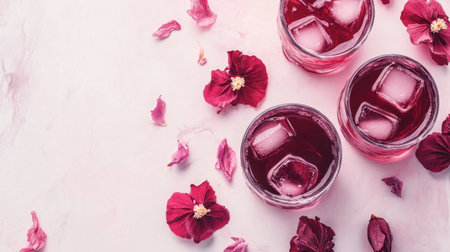 Enjoy a vibrant hibiscus drink served with ice in elegant glasses, surrounded by delicate flower petals. Perfect for summer gatherings and refreshment.の素材