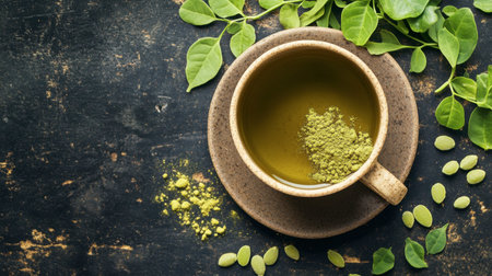 A rustic cup of green tea sits on a wooden table, surrounded by fresh leaves and vibrant green powder, showcasing a natural and healthy beverage experience.の素材