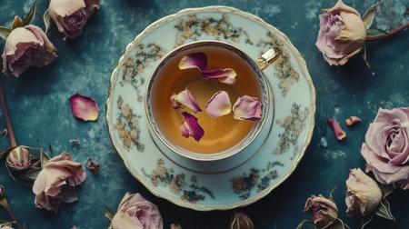 Experience the tranquility of a beautifully arranged tea setting featuring delicate rose petals, ideal for promoting wellness and relaxation in any space.の素材