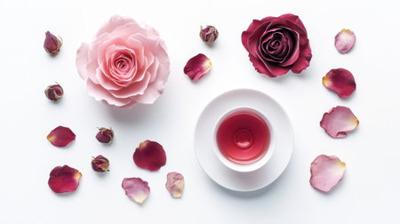 A beautiful arrangement featuring pink and red roses, delicate petals, and a cup of herbal tea on a clean white background. Perfect for wellness and relaxation themes.の素材