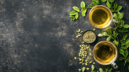 Enjoy a serene moment with fresh herbal tea displayed beside green leaves, showcasing natural ingredients on a textured dark background, perfect for relaxation and wellness.の素材