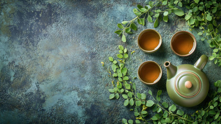A serene top view of a green teapot with cups, surrounded by fresh leaves. Ideal for wellness themes, relaxation, and natural lifestyle concepts.の素材