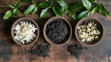 A serene composition featuring various types of tea leaves and flowers in rustic bowls on a wooden table, perfect for culinary and wellness themes.の素材