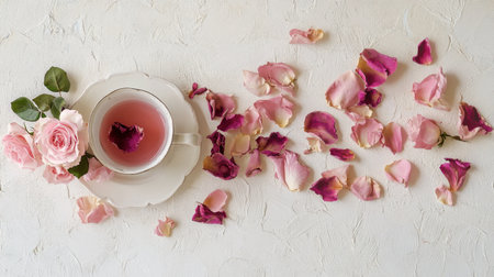 Experience the soothing allure of rose tea served in an elegant cup, surrounded by delicate petals. A perfect scene for relaxation and rejuvenation.の素材
