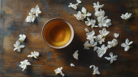 A serene tea setup featuring a cup of herbal tea surrounded by delicate white flowers on a rustic wooden table, evoking tranquility and relaxation.の素材