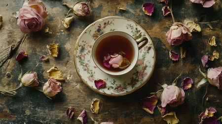 A beautifully arranged scene featuring a delicate tea cup with rose petals floating in tea, surrounded by dried roses on a rustic wooden table, evoking a sense of calm and beauty.の素材