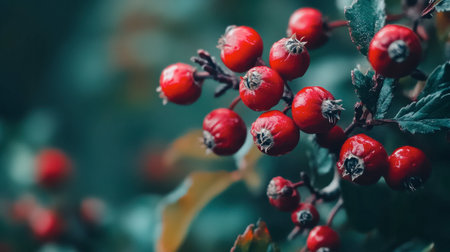 Close-up view of vibrant red berries nestled among lush green leaves, showcasing nature's beauty with rich colors and a serene atmosphere perfect for seasonal themes.の素材