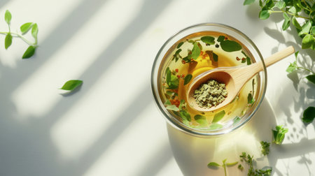A serene herbal tea infusion featuring fresh leaves and a wooden spoon, captured in soft sunlight. Ideal for wellness and relaxation themes.の素材
