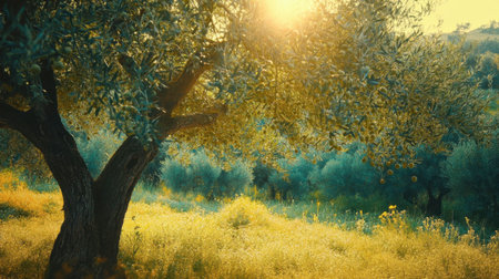 A stunning view of a solitary olive tree bathed in golden light during sunset, surrounded by a tranquil meadow. The scene captures the essence of nature's beauty.の素材
