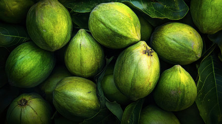 Discover a vibrant arrangement of fresh green fruits nestled among lush leaves, showcasing natureの素材