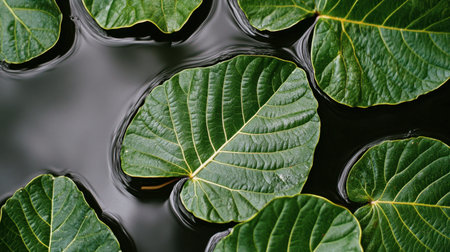 Vibrant green leaves float serenely on a calm water surface, creating a tranquil natural scene. The rich textures and reflections invite a sense of peace and beauty.の素材