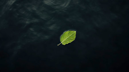 A vibrant green leaf floats gracefully on a dark water surface, creating a serene and calming atmosphere. This image embodies purity and simplicity in nature.の素材
