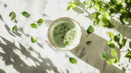 A serene overhead view showcasing a bowl with fresh herbs and green leaves. This image captures natural beauty, perfect for promoting healthy cooking and wellness.の素材