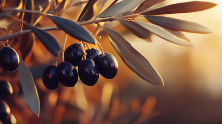 A serene close-up of fresh black olives hanging from a branch, illuminated by the warm hues of a sunset. This image captures the essence of nature's beauty.の素材