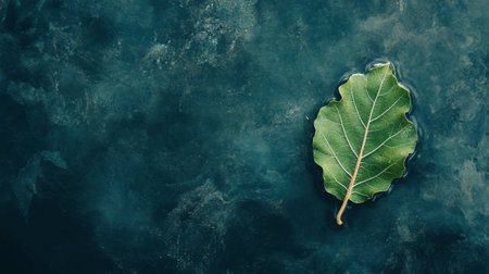 A vibrant green leaf gracefully floats on a dark textured water background, creating a serene and tranquil atmosphere perfect for nature-themed projects.の素材