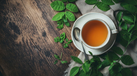 A serene composition featuring a cup of herbal tea surrounded by fresh green leaves on a rustic wooden table, ideal for promoting relaxation and wellness.の素材