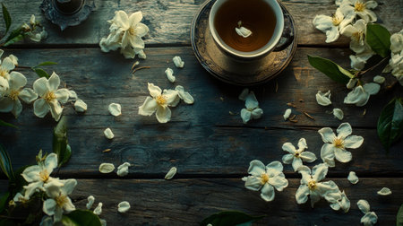 A tranquil setting featuring a cup of tea surrounded by delicate white flowers and petals on a rustic wooden table, evoking calm and relaxation.の素材