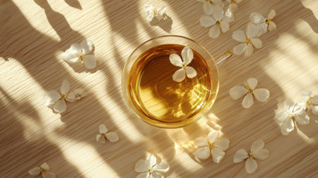 A serene cup of herbal tea rests on a wooden surface, surrounded by delicate white flowers. Natural light casts gentle shadows, evoking relaxation and tranquility.の素材