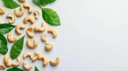 A visually appealing arrangement of raw cashew nuts surrounded by vibrant green leaves on a clean white background. Ideal for healthy lifestyle themes.の素材