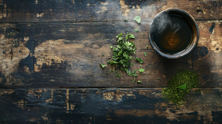 A serene scene showcases herbal tea preparation with steam rising from a cup surrounded by fresh herbs on a rustic wooden surface, emphasizing health and relaxation.の素材