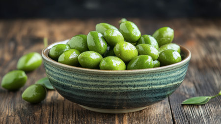 A vibrant display of fresh green olives nestled in a rustic bowl, showcasing their glossy surface and inviting texture against a natural wooden backdrop.の素材