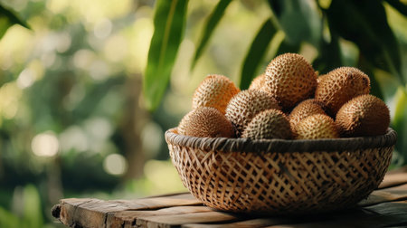 A woven basket filled with fresh durian fruits showcases the natural beauty of a tropical setting. Ideal for food and nature themes.の素材