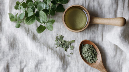 This image features fresh oregano leaves, herbal oil in a wooden bowl, and dried leaves on a rustic linen background, emphasizing natural ingredients and culinary freshness.の素材